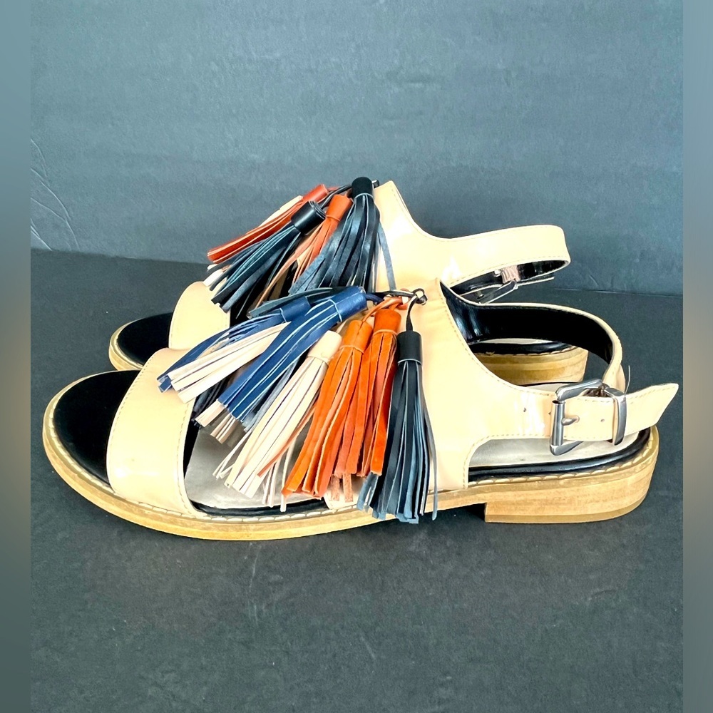 Saks Fifth Avenue Neutral Leather Tassel Sandals with Blue and Orange Accents